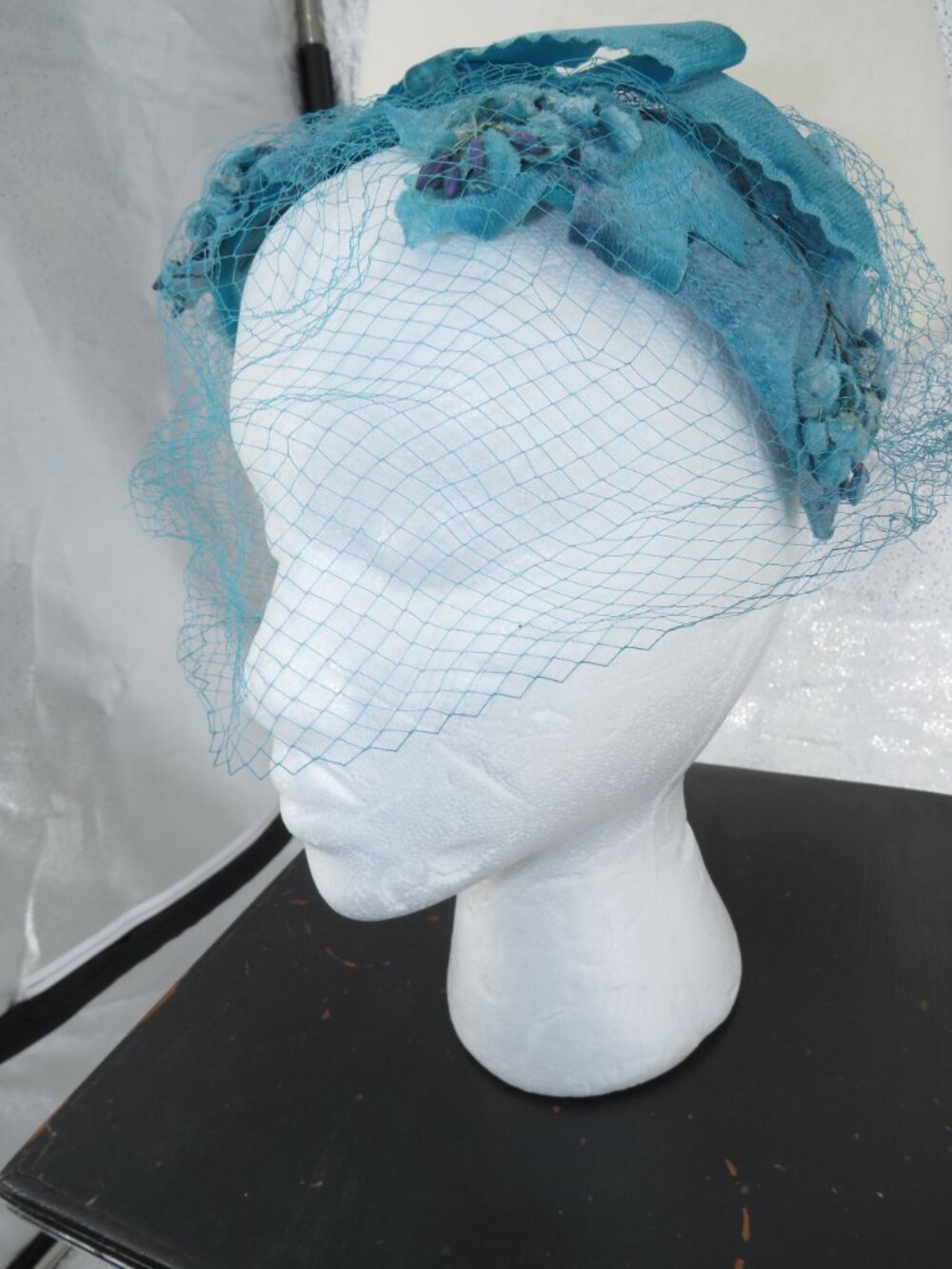 Vintage Blue Pillbox Hat Veiled Floral Fascinator Turquoise Velvet One Size OS - Picture 7 of 14